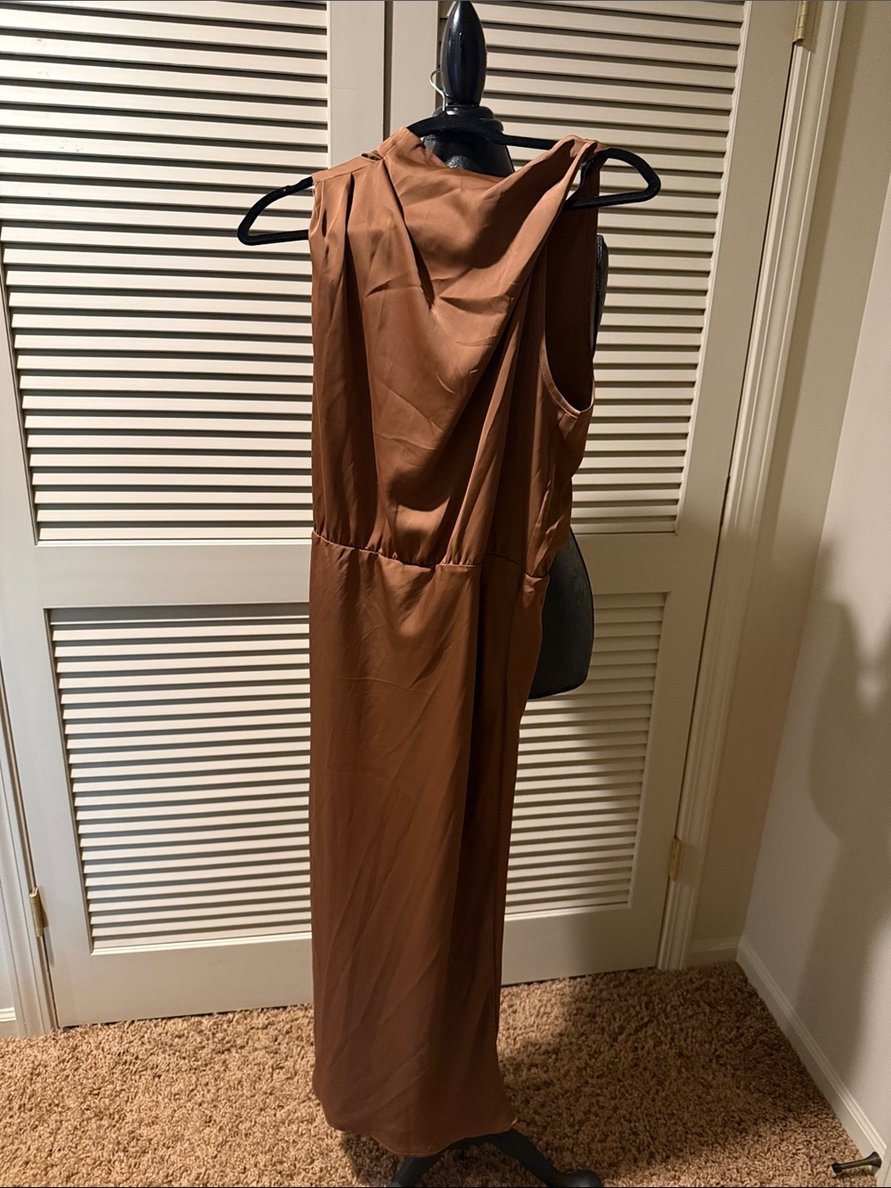 Sleeveless Brown Maxi Dress with Drape Neckline